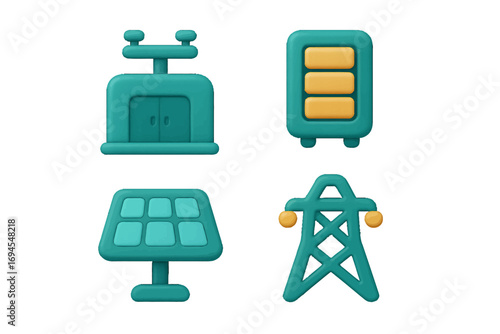 Sustainable energy sources and power infrastructure with solar panel, battery, power plant, and transmission tower