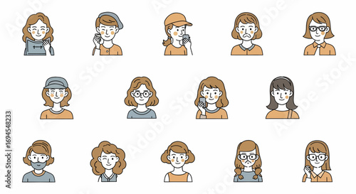 Flat vector illustrated diverse women faces icons collection