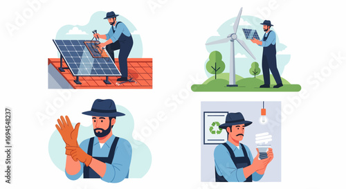 Flat vector technician installing solar panels and maintaining wind turbine