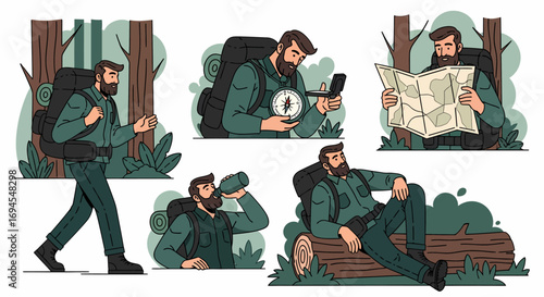 Flat vector adventurer hiking in forest with map and compass