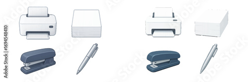 Essential office supplies and equipment collection featuring modern printers, paper stacks, staplers, and writing pens