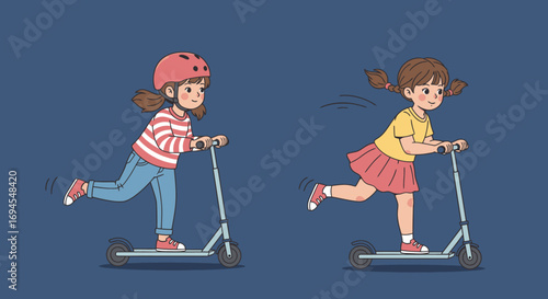 Two cute girls riding scooters outdoors on a blue background
