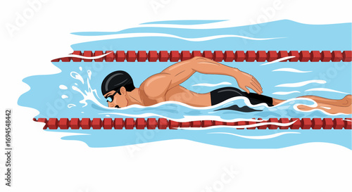 Flat vector man swimming freestyle in swimming pool