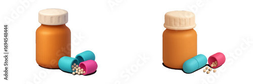 Orange pill bottles with colorful open and closed capsules spilling small round pills, pharmaceutical products and medication