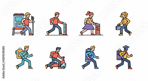 Set of cartoon people with luggage and equipment