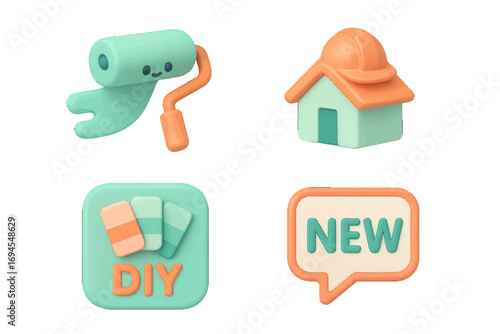 Vibrant home improvement and do-it-yourself project elements featuring paint roller, house, and new message symbols