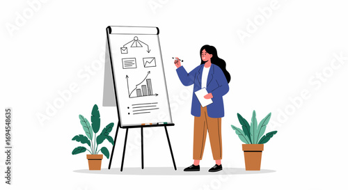 Flat vector woman presenting business strategy on whiteboard