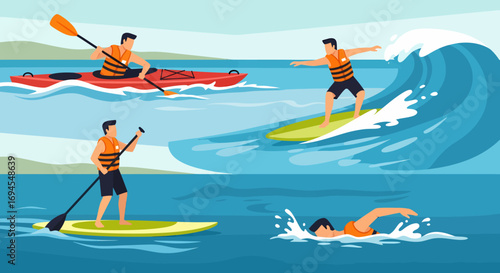 Flat vector illustration of people enjoying water sports activities