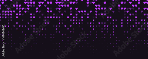 Glowing purple heart pattern, digital love abstract pixel grid. Romantic mood backdrop, passion, emotion, night tech background for events, apps, web. Magenta Neon pixel art vector illustration