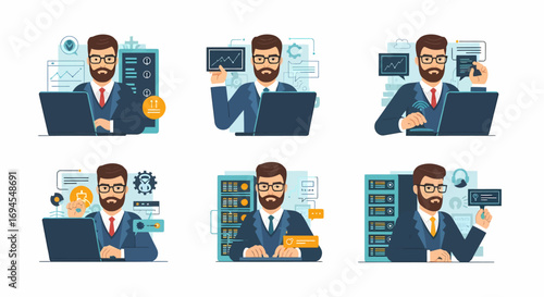 Flat vector illustration of businessman working with data analytics