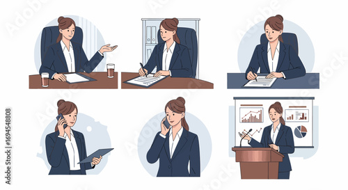 Flat vector illustration business woman actions multitasking work