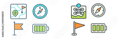 Essential navigation and outdoor exploration concepts including map, compass, flag, drone, and battery indicators