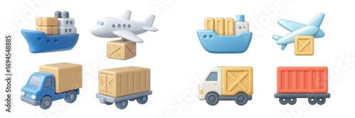 Global logistics and shipping transportation with various cargo vehicles and containers for worldwide delivery