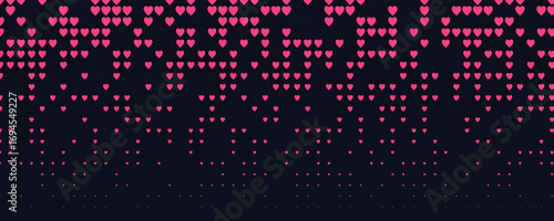 Glowing magenta heart pattern, digital love abstract pixel grid. Romantic mood backdrop, passion, emotion, night tech background for events, apps, web. Scarlet Neon pixel art vector illustration