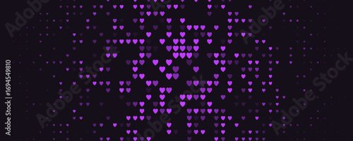 Glowing purple heart pattern, digital love abstract pixel grid. Romantic mood backdrop, passion, emotion, night tech background for events, apps, web. Magenta Neon pixel art vector illustration