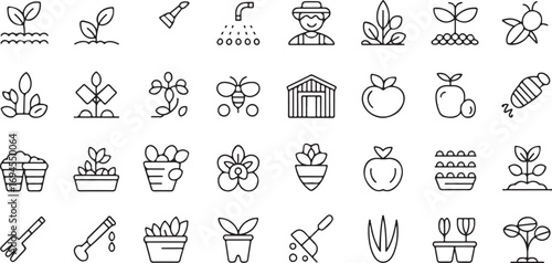 Minimal Farming Line Icons – Grow Your Own Food Vector Set