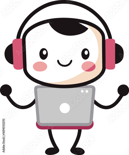 Cute cartoon character with headphones and laptop vector