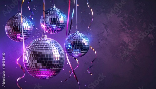 Festive celebration scene with sparkling disco balls and streamers under purple light