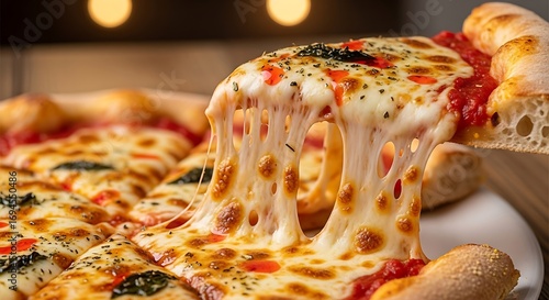 Appetizing Pizza Slice Lifting with Golden Melted Cheese Pull