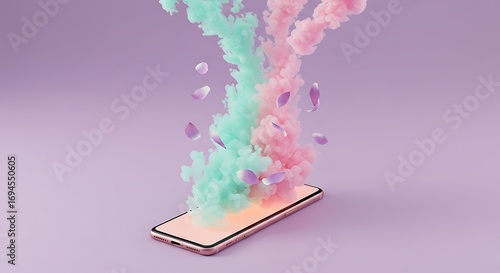 Smartphone with pastel smoke explosion and falling petals, artistic transformation concept of creativity and emotional release
