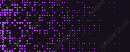 Glowing purple heart pattern, digital love abstract pixel grid. Romantic mood backdrop, passion, emotion, night tech background for events, apps, web. Magenta Neon pixel art vector illustration