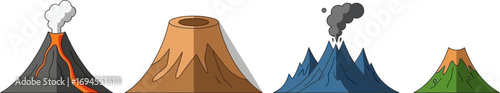 Four stylized volcanoes showing different stages of activity and types vector