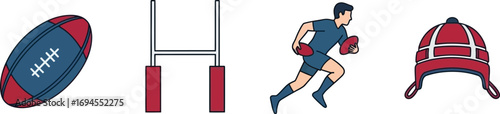 Rugby sport icons showing ball goalpost player and helmet for athletic design vector