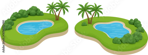 Tropical island landscapes with lakes and palm trees for recreation and tourism vector