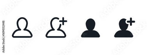 Add user icon. Person silhouette with a plus sign vector illustration. New profile creation symbol. Friend request and contact addition sign.
