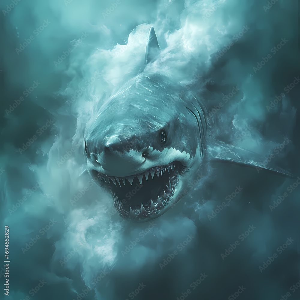 Obraz premium Aggressive, menacing great white shark swimming in cloudy, deep sea water. powerful predator from ocean representing danger and fear