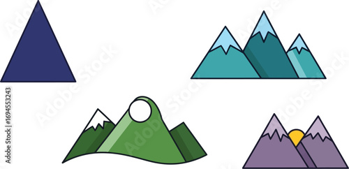 Collection of stylized geometric mountain peaks and landscapes in a minimalist design vector