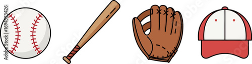 Baseball sports equipment collection featuring ball bat glove and cap vector