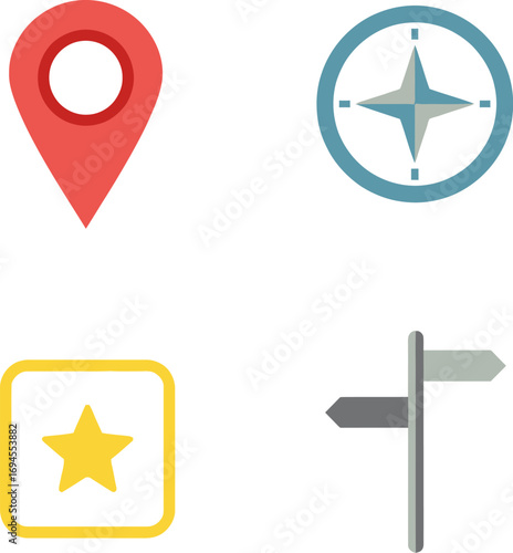 Four digital icons location navigation compass star signpost app user interface elements vector