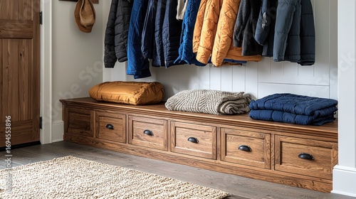 Wooden entryway bench with drawers and coats