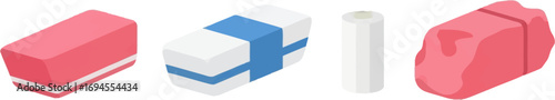 Three erasers including pink rectangular and white cylindrical shapes on a dark surface vector