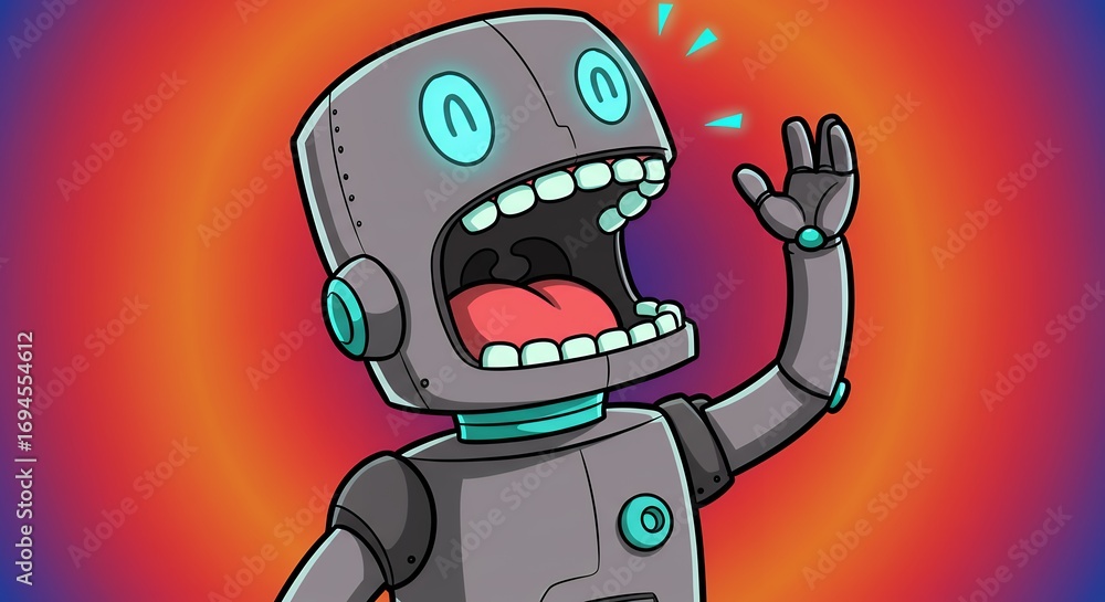 Obraz premium Cartoon robot with open mouth and raised arm on colorful background
