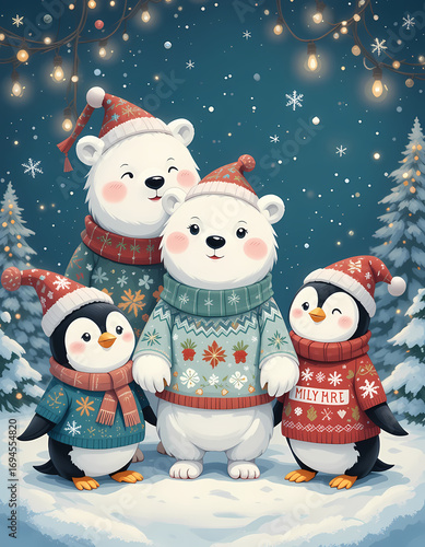 Cute polar bear family and happy penguin friend celebrate winter christmas holiday together in snow wearing festive sweater and hat