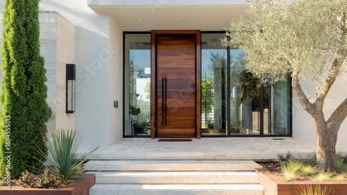 Front view of a modern luxury home with a grand wooden door, stone steps, and a beautiful olive tree, complemented by minimalist landscaping and architectural lighting