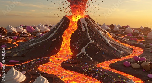 Delicious chocolate volcano erupting with candy lava and cupcake landscape at sunset for sweet tooth cravings