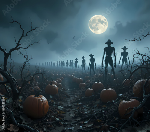 Scary horror scene of zombie scarecrow army in pumpkin field at night. spooky halloween concept under full moon for creepy night