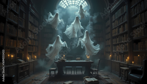 Eerie ghosts and scary spirits floating in dark, haunted library at night. This frightening paranormal scene evokes sense of supernatural dread