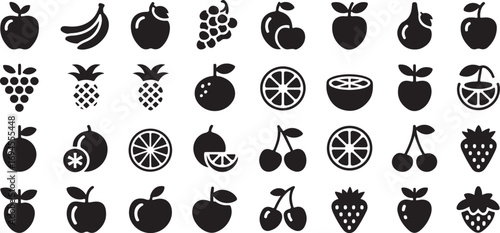 Vector Graphics Fresh Fruits & Organic Berries Solid Icon Collection – 40 Black