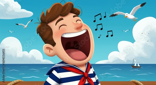 Cheerful illustration of a boy singing by the sea with seagulls