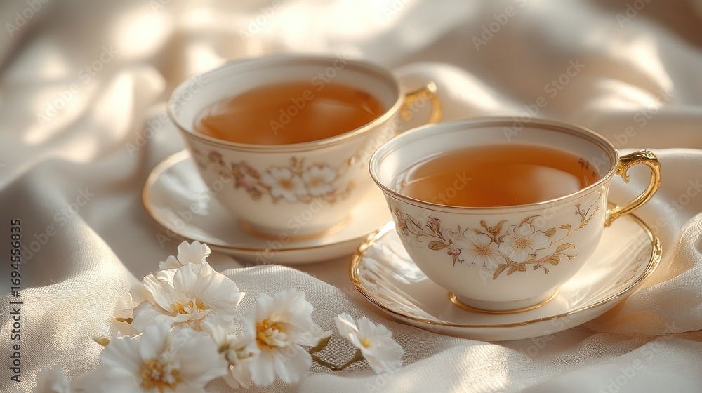 Fototapeta premium Elegant teacups filled with golden tea, resting on a draped fabric with delicate flowers
