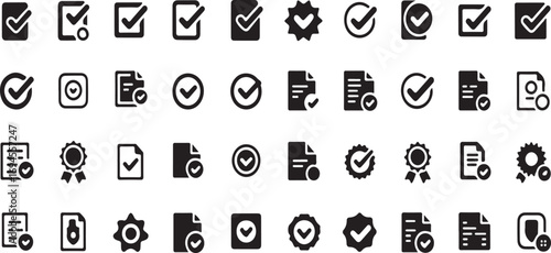 vector illustration Validation & Certification Solid Icons – 40 Black Vector Approval Pictograms