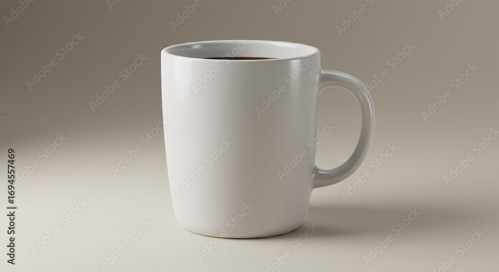 Obraz premium A simple white ceramic coffee cup filled with hot black coffee. A minimalist blank mug template for mockup design on a clean studio background
