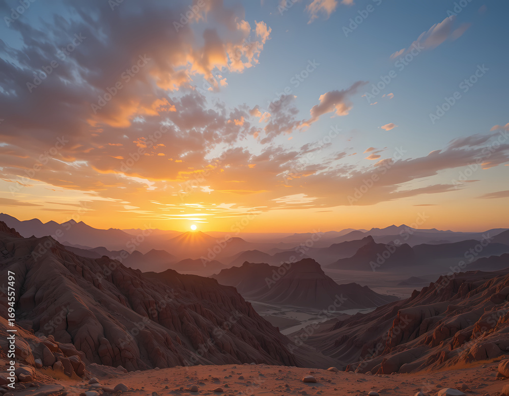 Obraz premium Beautiful, tranquil sunrise over mountain landscape. orange sun rises in sky with scenic clouds, creating majestic and peaceful view