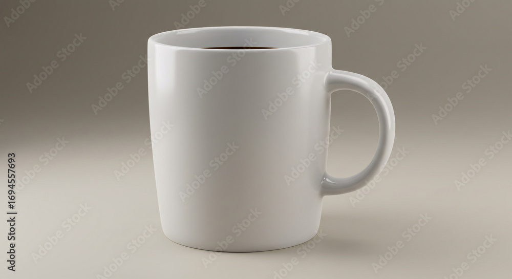 A minimalist white ceramic mug, filled with a warm beverage, stands elegantly on a light, neutral background, symbolizing comfort and the start of a peaceful day