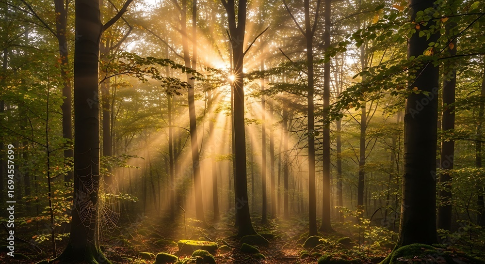 Fototapeta premium Sunbeams in Autumn Forest. (2)