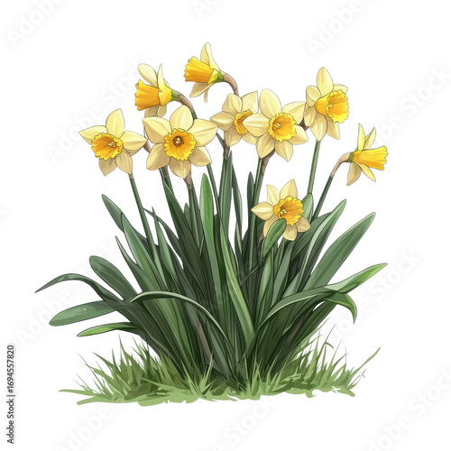 Wallpaper Mural Bouquet of yellow daffodils in full bloom with green leaves. Elegant spring flower illustration on transparent background PNG. Torontodigital.ca